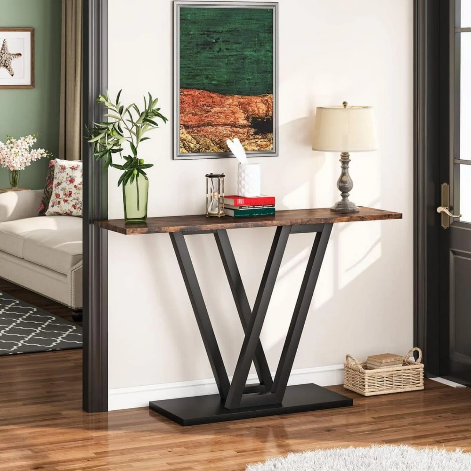 US-42-31 em. Marrom e preto 31,5 "retângulo madeira Console tabela com quadro durável do metal