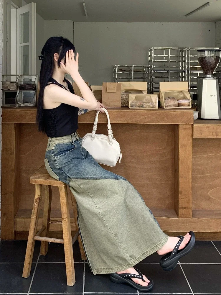 New Spring Autumn Women Fashion Vintage Skirts High-waisted Slimming Medium-length Color Blocking Denim Skirt for Women Clothing view 4