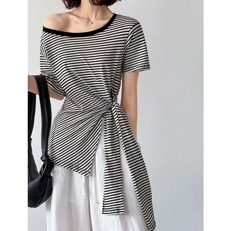 

Women's plus size T-shirt, striped irregular side tie top, new round neck short sleeved shirt, summer fashion Korean style 2025