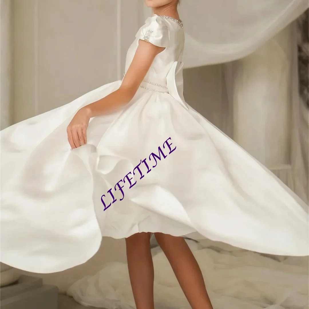 

Индивидуальное элегантное атласное платье для девочки на свадьбу, с бисером, короткими рукавами и бантом, для дня рождения, первого причастия