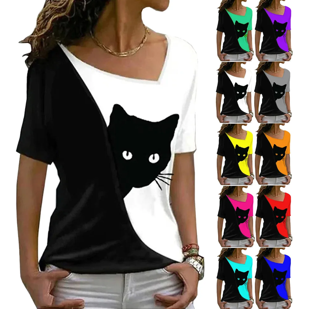 T-shirt manches courtes femme, col alertes onal, imprimé chat noir, Y2K