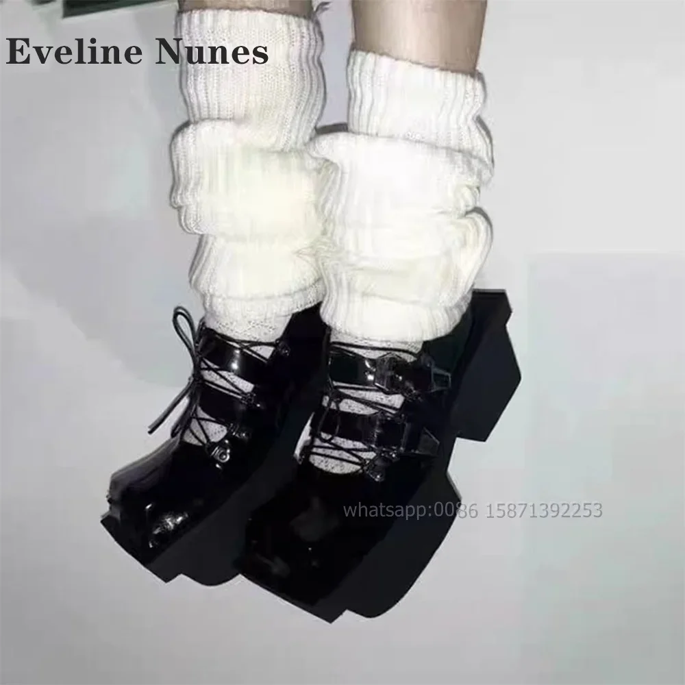 

Platform Belt Buckle Mary Janes Square Toe Height Increasing Cross Tied Shallow Black Pumps Retro Punk Metal Decoration Shoes