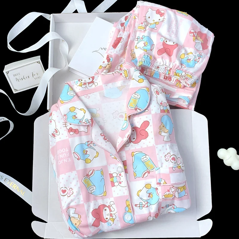 Sanrio musim gugur hello kitty lucu manis piyama lengan panjang wanita melodi kartun diperiksa susu sutra kerah kardigan set pakaian santai