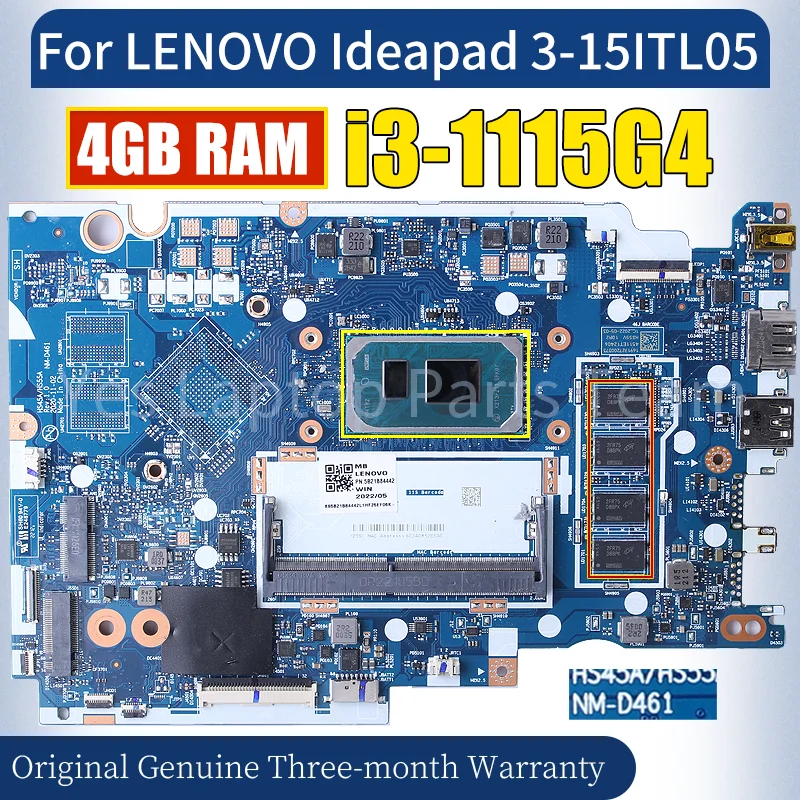 HS45A/HS55A NM-D461 For LENOVO Ideapad 3-15ITL05 Laptop Mainboard 5B21B84444 SRK07 SRK08 i3-1115G4 4GB RAM Notebook Motherboard