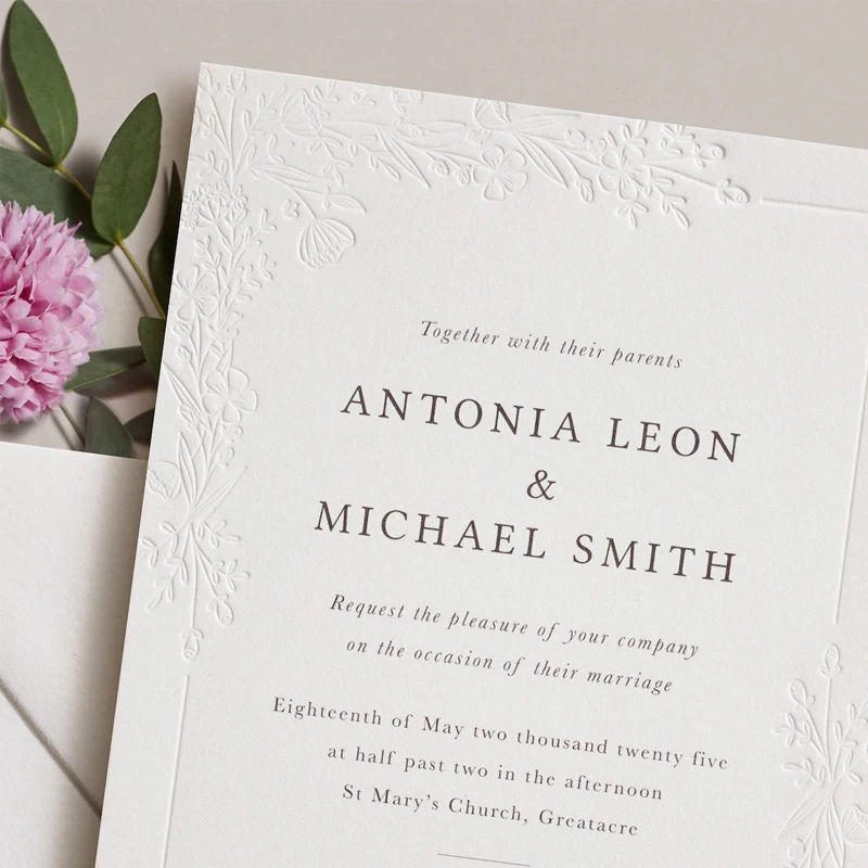 

30pcs Custom Modern Wedding Cards,Embossed Wedding Invitation,450gsm Paper,Letterpress Embossing Floral Design