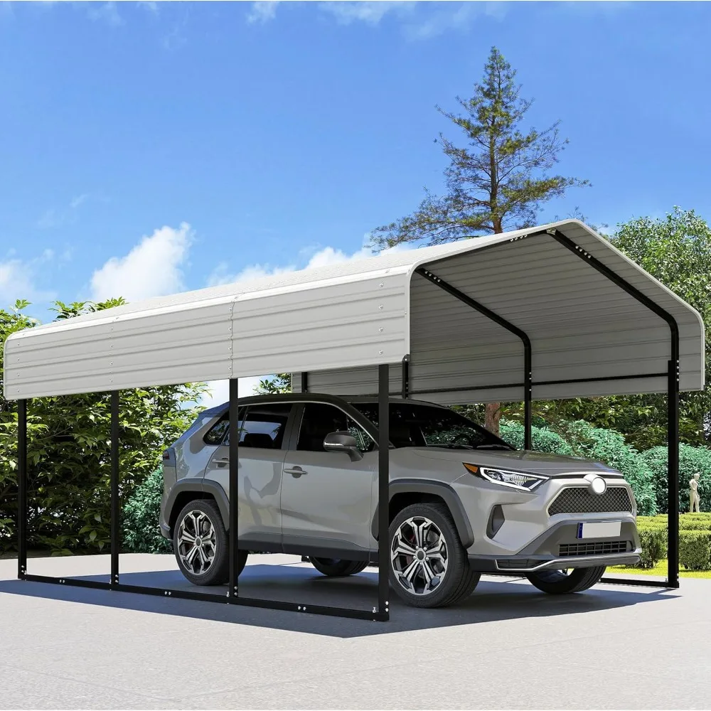 

10×15FT Heavy Duty Carport, Metal Car Port Multi-Use Outdoor Storage Cars, Boats, Trucks, Galvanized Metal Roof, Cream White