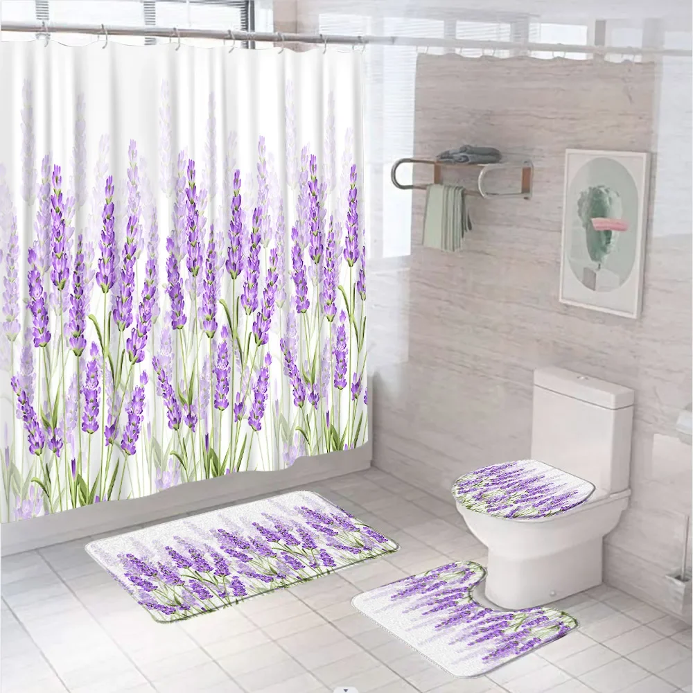 Purple Lavender Flowers Shower Curtain Sets Watercolor Floral Scenery Bathroom Curtains Non-Slip Bath Mat Rug Lid Toilet Covers