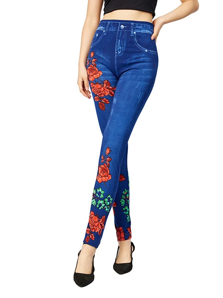 VISNXGI-pantalones de mezclilla falsos para mujer, Jeggings sexys con estampado Floral en la parte delantera y trasera, pantalones vaqueros de