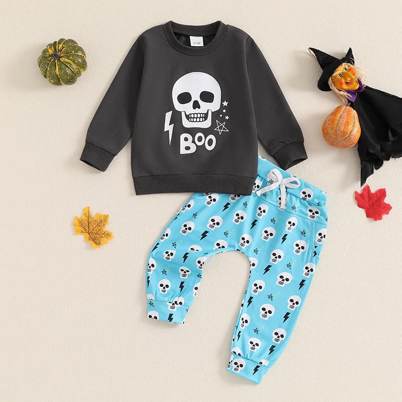 Boy Clothing Halloween 2Pcs Outfits Skull Head Print Long Sleeve Sweatshirt Pants Baby's Set