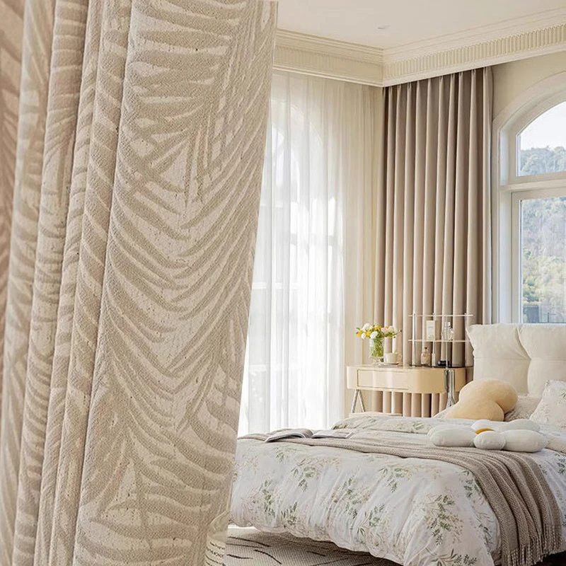 

French Cream Style Plant Leaf Jacquard Design Blackout Curtains for Room Darkening, Thickened Chenille Thermal Insulated Window