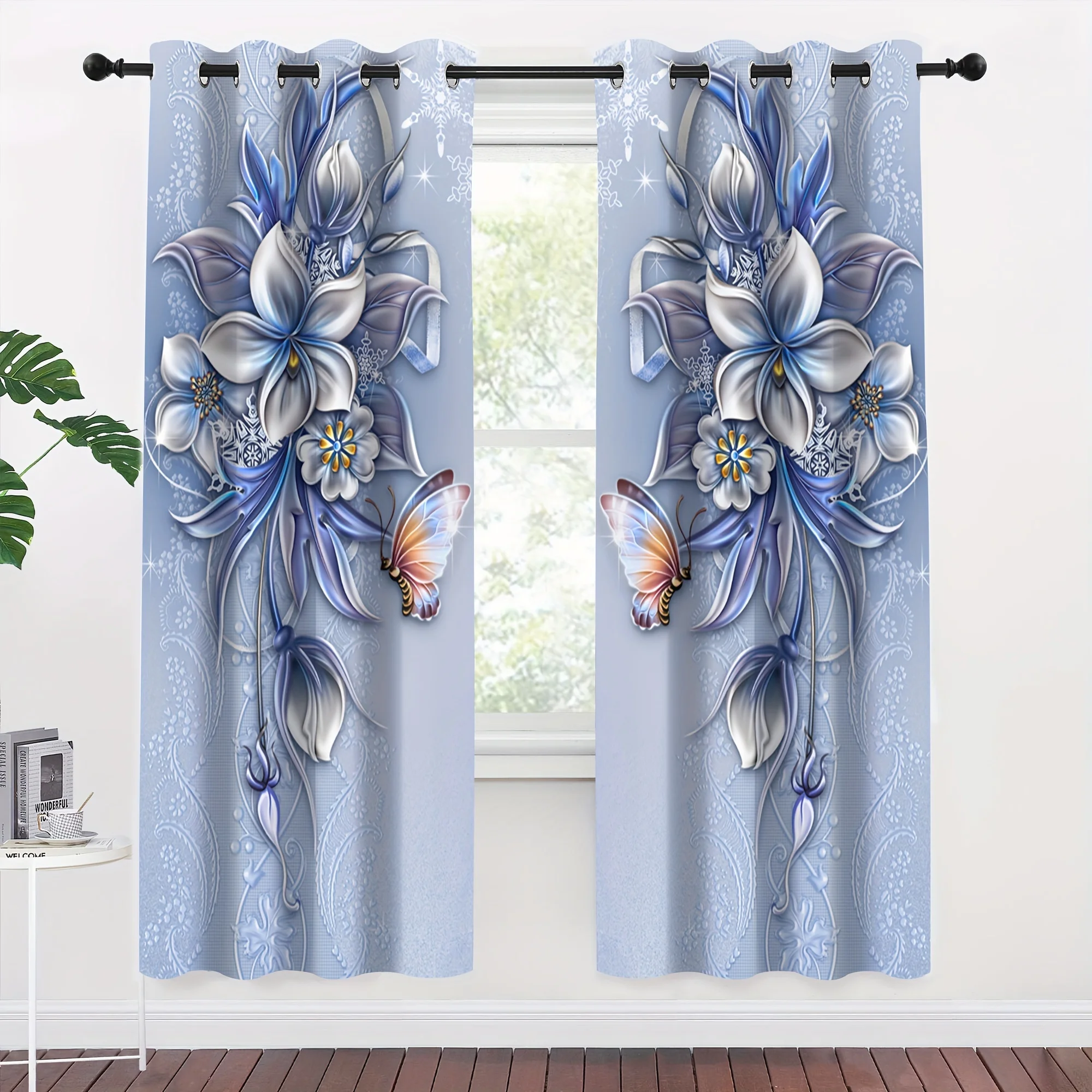 2pcs 3D Digital Printed Retro Blue Garden Flowers Digital Printing Curtain Living Room Curtains Grommet Top Curtains Living Room