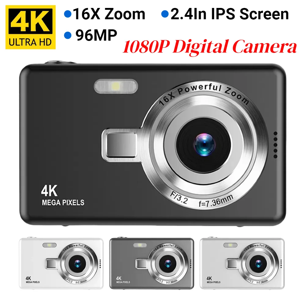 Fotocamera digitale 4K HD 1080P fotocamera portatile Vlogging 96MP fotocamera con Zoom 16X schermo IPS da 2.4 pollici per bambini adulti principianti