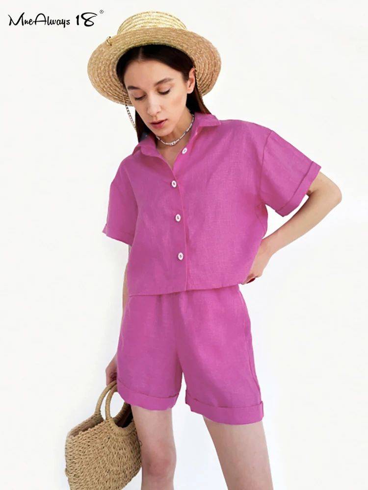 Mneawayls18 Two Piece Dark Pink Women Summer Suit Linen Short Sleeve Shirts And Elastic Waist Shorts Sets Casual Holiday Suits