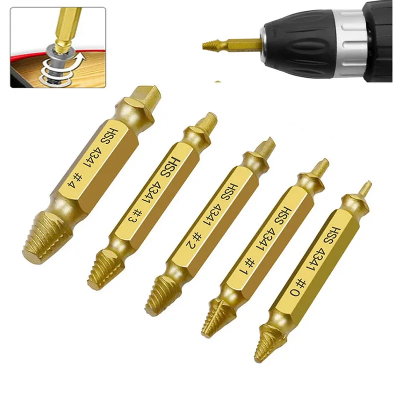 5Pcs Gold Screw Extractor Set Drill Bits Easy Out Guide Broken Damag Screws Bolt Remover Woodworking  Tools