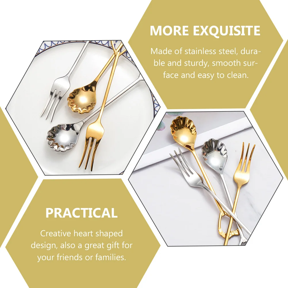 

Stainless Steel Fork and Spoon Set Elegant Heart Shaped Design for Appetizers Pastries Salads Fruits Meats Long Handle