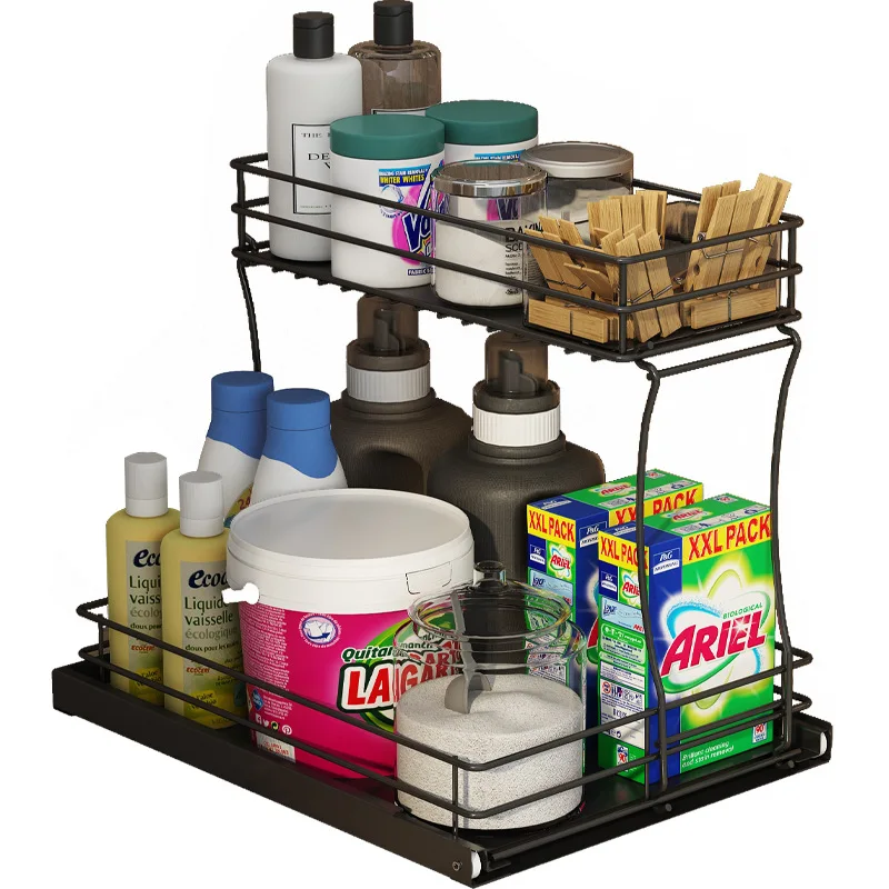 

Kitchen lower sink pull-out double-layer rack, cabinet built-in layering, kitchen supplies storage rack