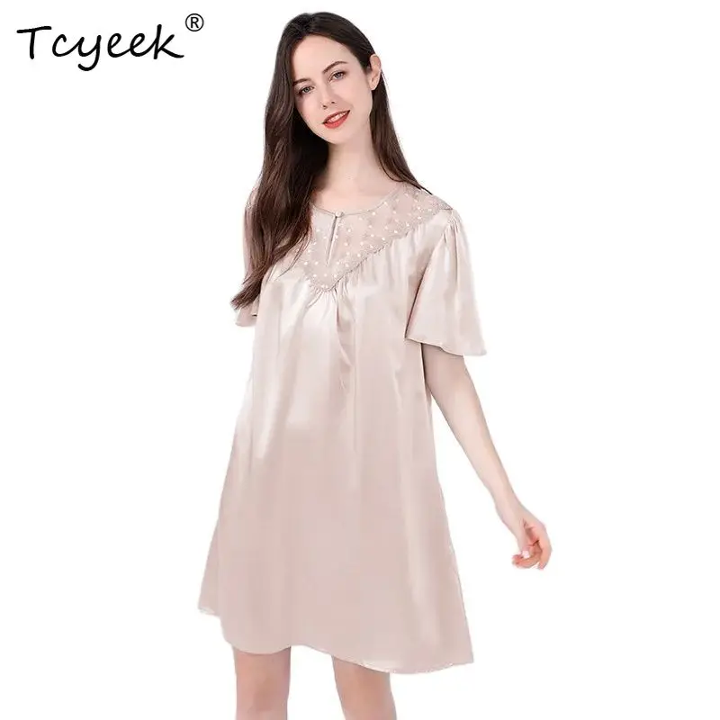 

Tcyeek 19MM 100%Real Silk Nightgown for Women, Embroidery Patchwork, Elegant Fashion Pajama Dress, 2024 Spring New P410103QM