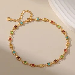 Adjustable Length Square Wrapped Colored Zircon Anklet Women Fashion 18K Gold Plated Metal Link Chain Anklets for Girls