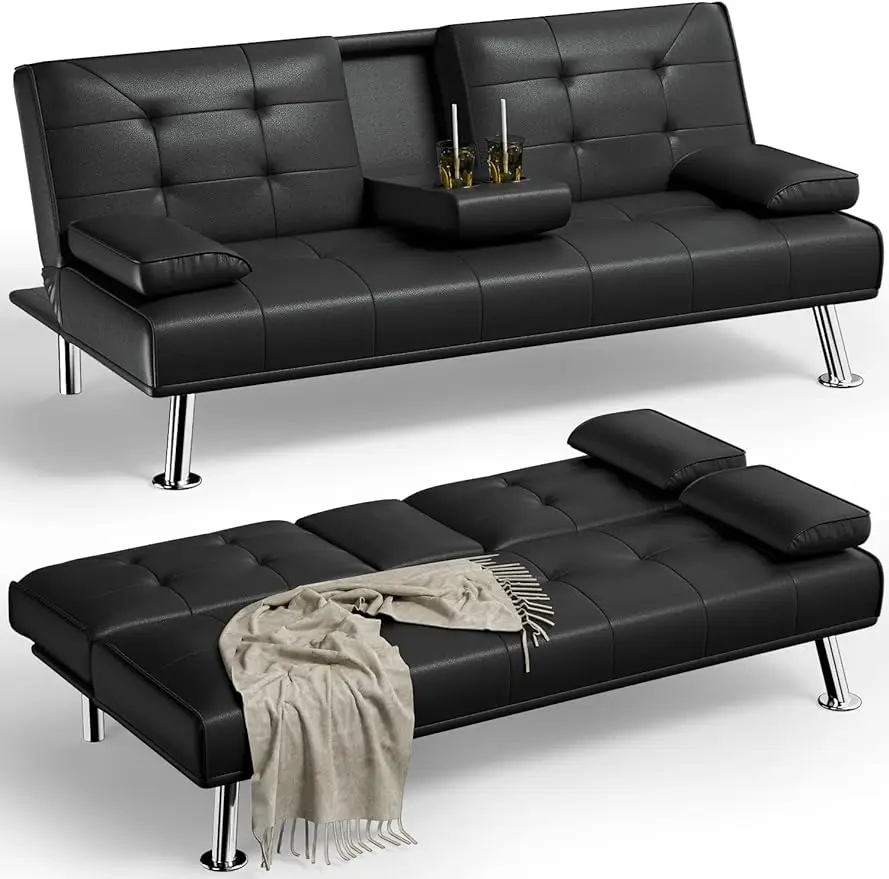 

Convertible Folding Futon Sofa Bed Sleeper Couch Faux Leather Upholstered Loveseat w/Removable Armrests,2 Cup Holders,Dark Black