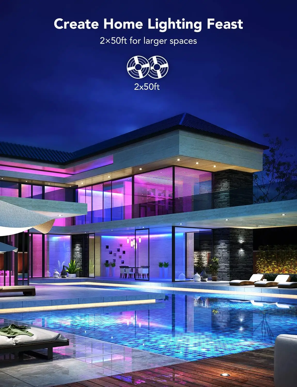 100ft Smart RGBIC LED Strip Lights, App-Controlled Color Changing Lights for Bedroom Decor, 2 Rolls of 50ft