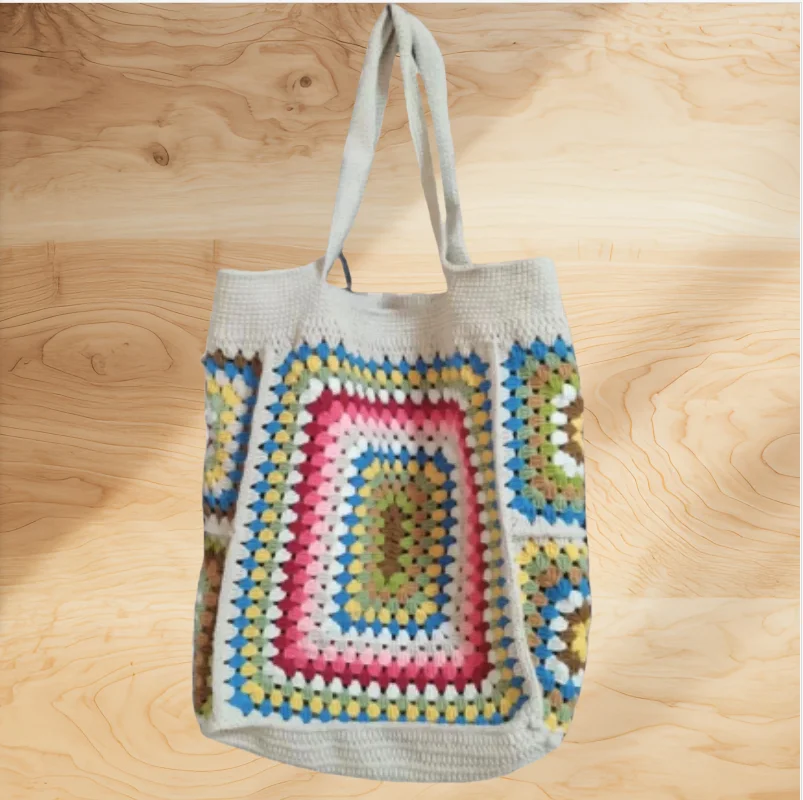 

Minimalist style handmade crochet shoulder bag, grandmother style handbag with lining, large capacity beach bag