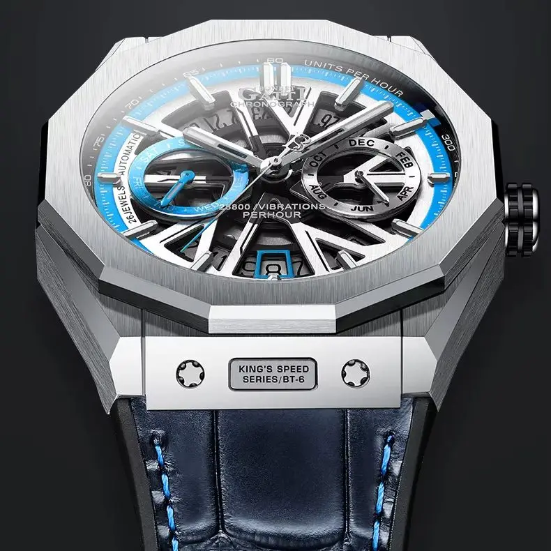 

BONEST GATTI Мужские автоматические часы Винтаж 42 мм Механические наручные часы Скелет 50 м Водонепроницаемые светящиеся сапфировые часы Месяц Неделя Дата