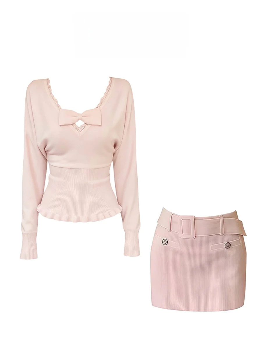 

Parkyeon Pink V-neck Knitwear Top with Knot Slim Fit Short Skirt Set Women's Fashion Casual Winter Outfit