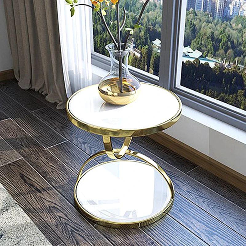 Luxury Toughened Marble Glass Corner Table Living Room Marble Sofa Side Stainless Steel Gold Round Postmoder Furnitures