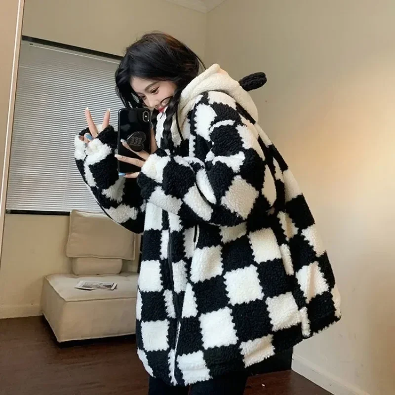 Kawaii Zip Up Loose Y2k Hoodies Women Winter Thicken Checkerboard Harajuku Bear Ears Cute Female Sweatshirt Oversized Coat Kpop