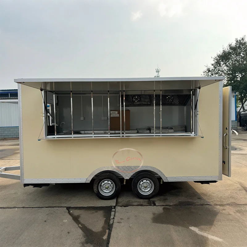 

Outdoor Food Trailer Cream-Yellow Body Street Food Vibe Filter Flavor Characteristic Mobile Kitchen Catering Unit