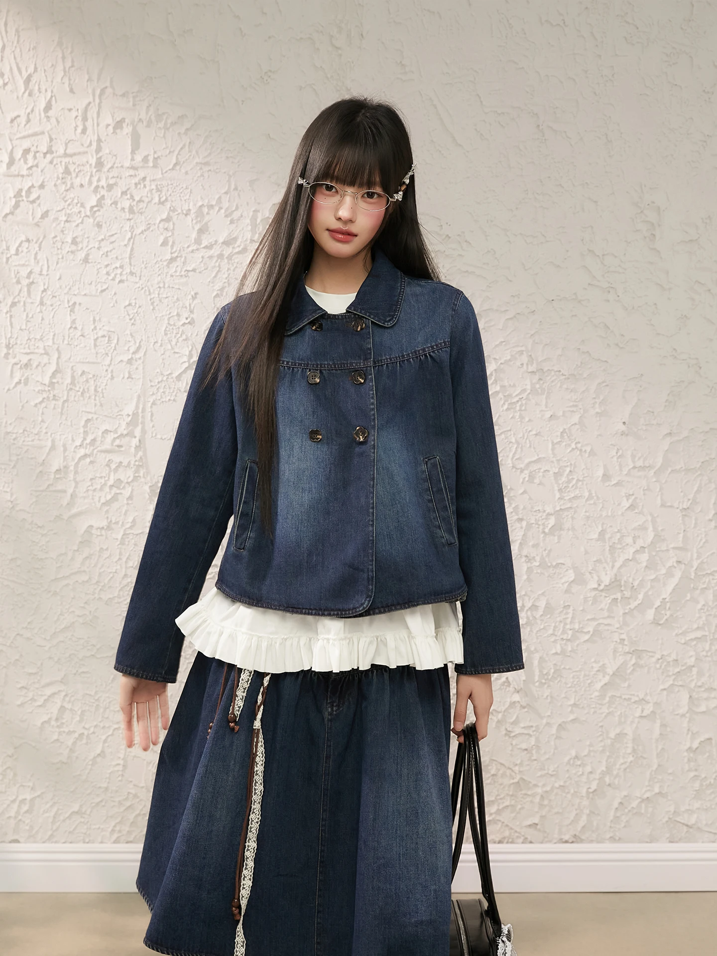 

King Prince Doll Collar Denim irt Jaet Women Spring Loose Slim Top f Skirt Umbrella Skirt Set Korean Sle Cotton Long...