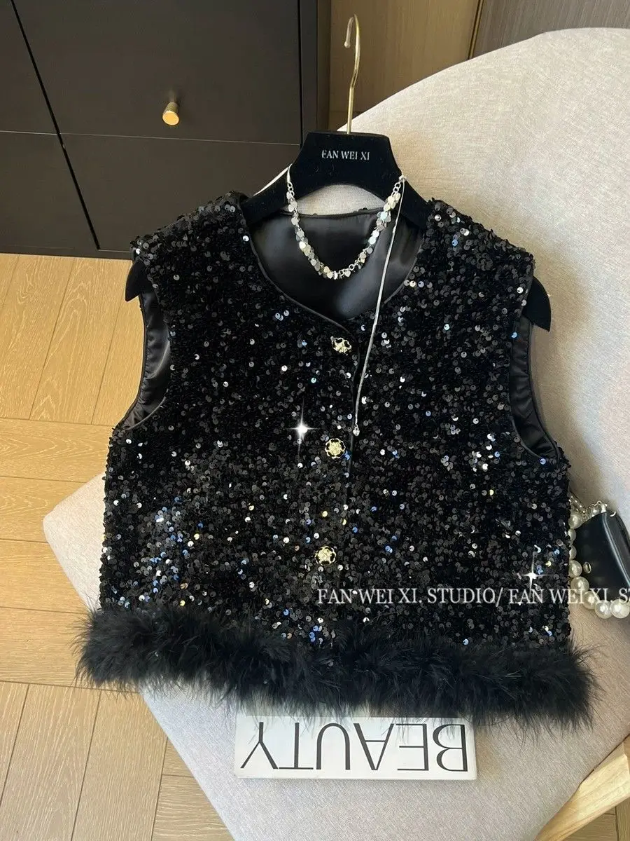 Spring Vests New High Quality Vintage Sequin Patchwork Feather O-Neck Velvet Vest Women's Waistcoat Top Sleeveless Cardigan Chic
