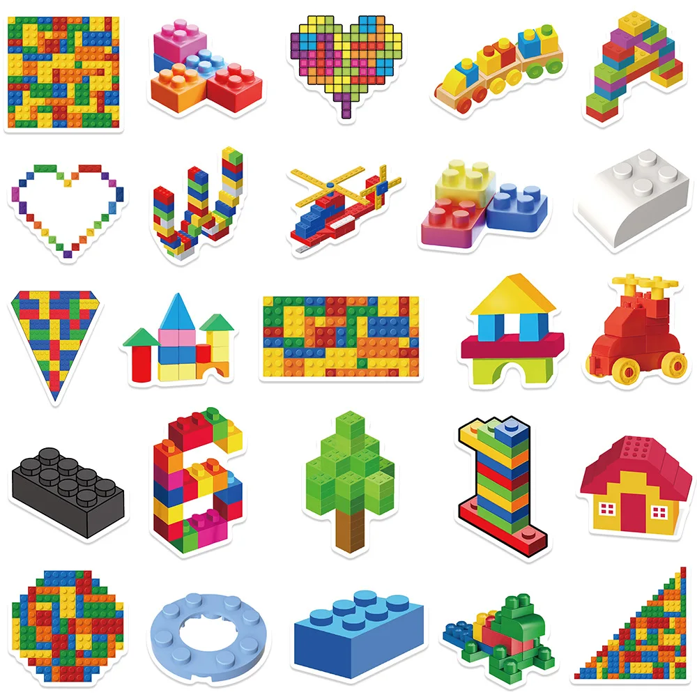 50PCS Colorful Building Blocks Sticker Watercolor DIY Skateboard Cartoon Laptop Phone Graffiti Cute Decoration Cool Stickers