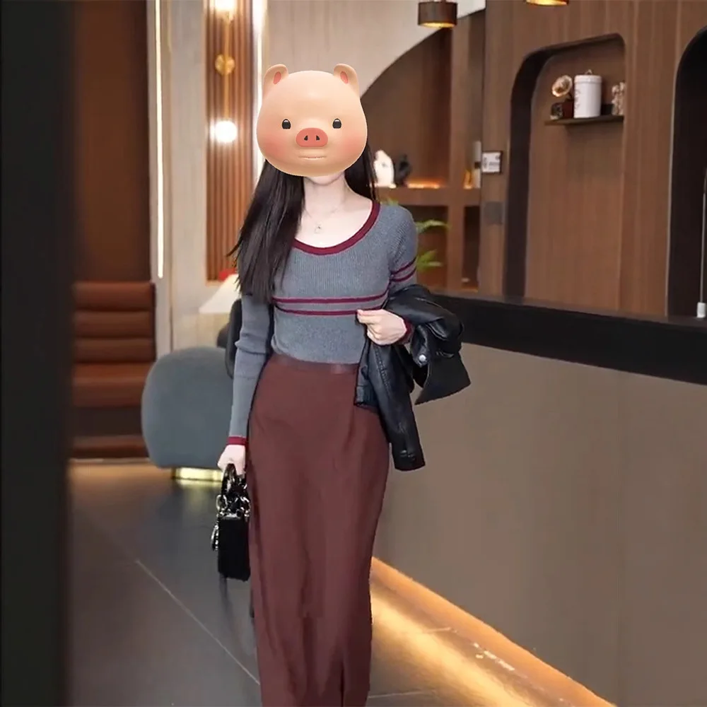 

Women's Autumn Trendy Inner Wear Versatile round Neck Top Fashionable Color Block Long Sleeve Knitted Slim Fit Base Shirt