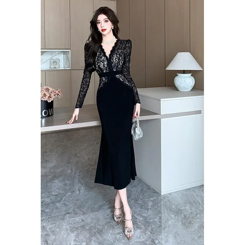 Autumn Elegant Women's Long Dress Spliced Tail Fish Casual Black Dress Classy French Style Womens Clothing Real Time