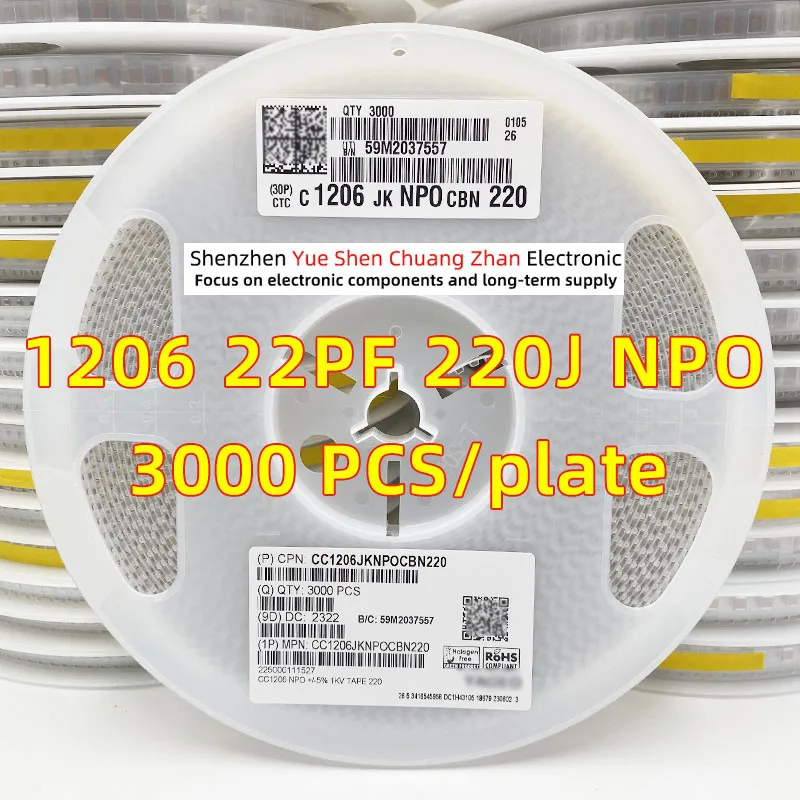 

Patch Capacitor 1206 220J 22PF 22P 1000V 1KV Error 5% Material NPO/COG Genuine capacitor（Whole Disk 3000 PCS）