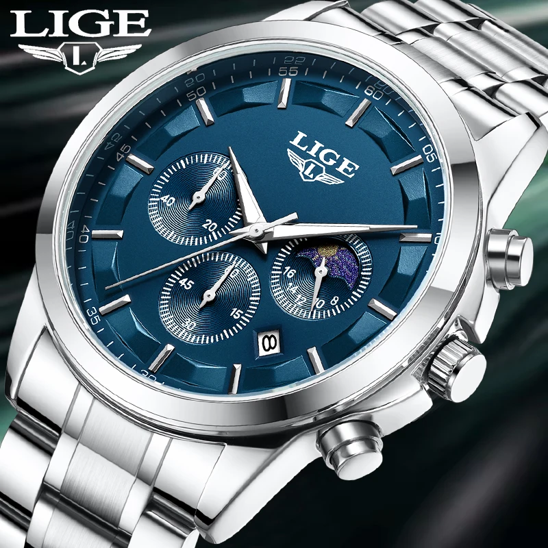 

LIGE Спортивные мужские часы Роскошные серебряные кварцевые наручные часы из нержавеющей стали Мужские деловые часы для мужчин Часы-календарь Reloj Hombre