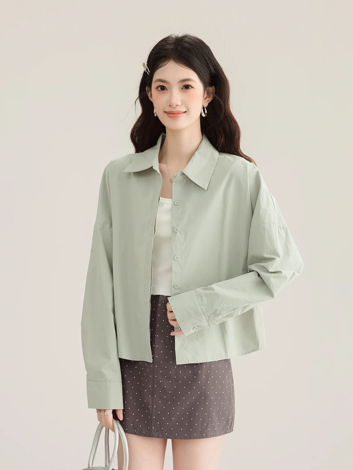 

Осенний корейский повседневный комплект из двух предметов: топ и юбка А-силуэта в горошек для женщин, из полиэстера