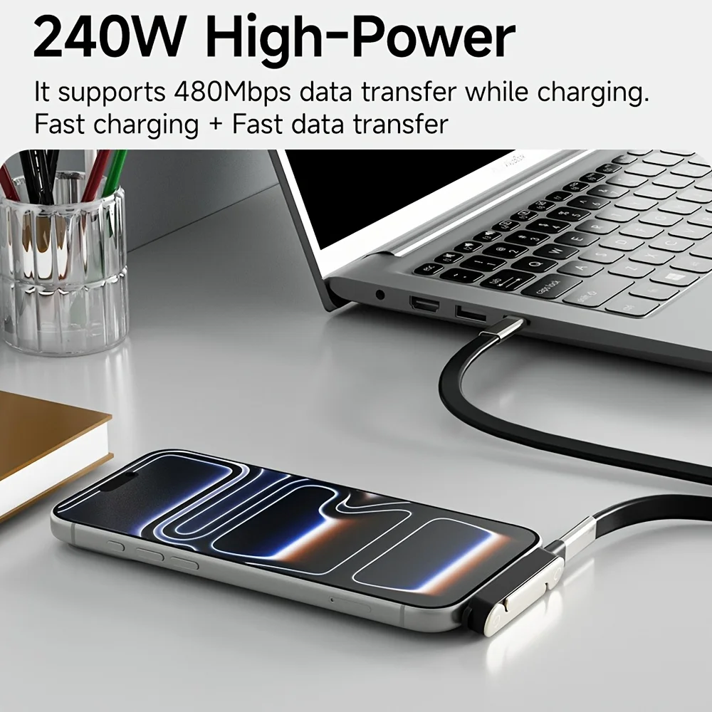 240W 2-in-1 Black/Orange Fast Charging Foldable Bracket Data Cable Type-C to Type-C Data Wire with Phone Tablet Stand