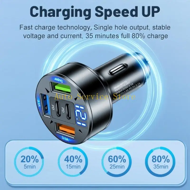 462A Digital Display Car Chargers 5 Ports For Smartphones Tablets Input 12 24V Output 5V 3.1A ABS Aluminum Construction