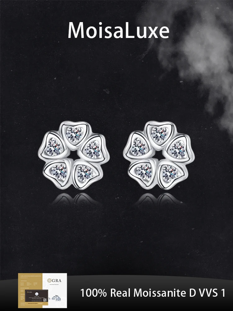 

MoisaLuxe Official Store GRA Moissanite Plata Sterling 925 Silver Female Love Petal Earrings For Women Jewelry Hoops Piercing