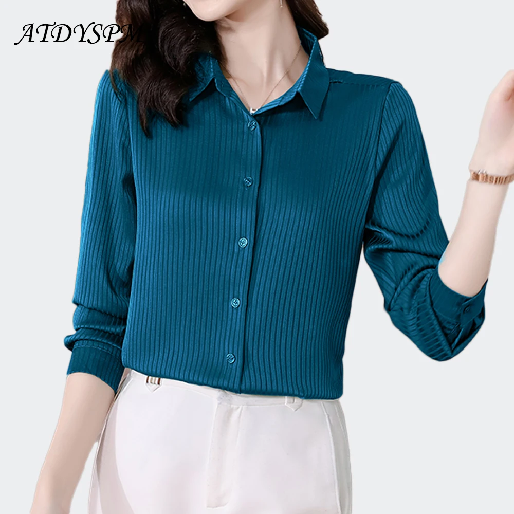 New Style Striped Silk Shirts Women Elegant Long Sleeve Lapel Fashion Women Blouses 2024 Office Lady Formal Tops Casual Clothing