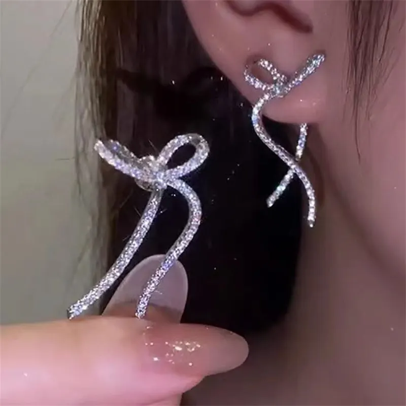 Fashion Silver Color Ribbon Bow Drop Earrings for Women Girls Korean Style Rhinestone Bow Ear Studs Earrings Wedding Jewelry