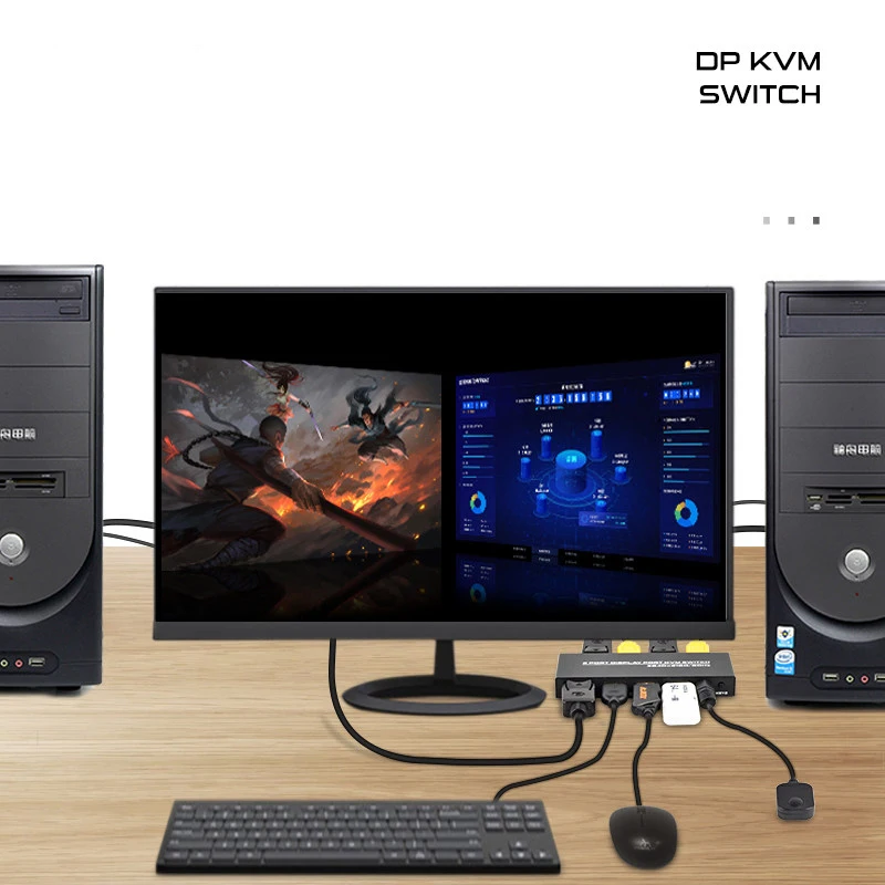 2 포트 DisplayPort KVM 스위치 HD 2 in 1 out DP 스위치 2 PCs 키보드 마우스 모니터 세트 공유 USB 프린터 U 디스크 sharer