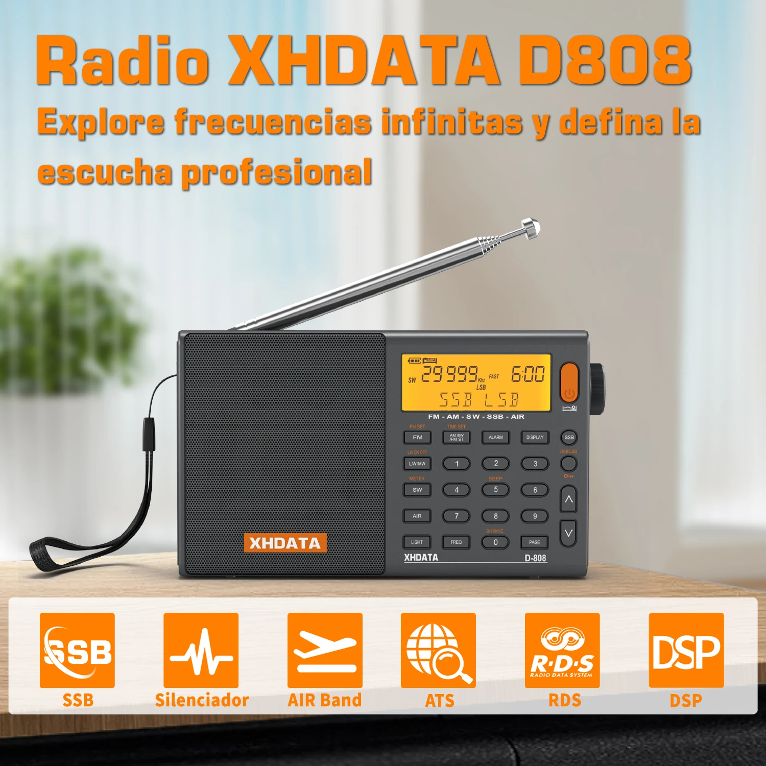 XHDATA D808 جهاز استقبال راديو متعدد الموجات محمول AM/FM/SW/MW SSB AIR RDS صوت ستيريو طويل المدى استقبال بطارية قابلة للشحن