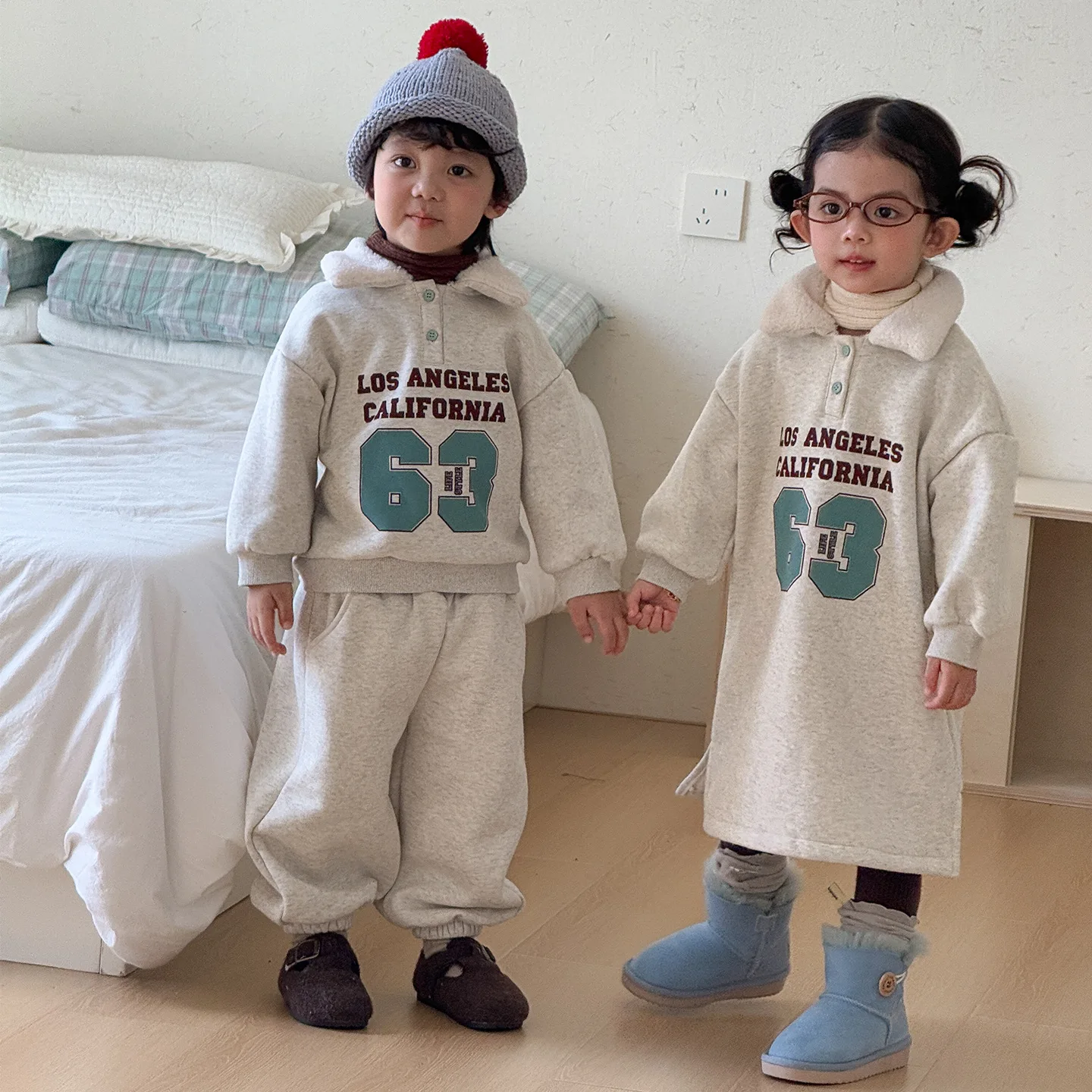 2026 Winter Children Fleece Clothes Set Boys Sweatshirt + Pants 2pcs Suit Plus Velvet Thick Kids Girls Letter Print Dress 1-8 Y
