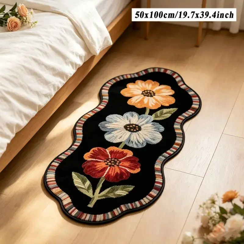 VIKAMA Black Floral Waves Flannel Bedside Rug for Bedroom Long Runner Mat Plush Cozy Aesthetic Washable Home Decor