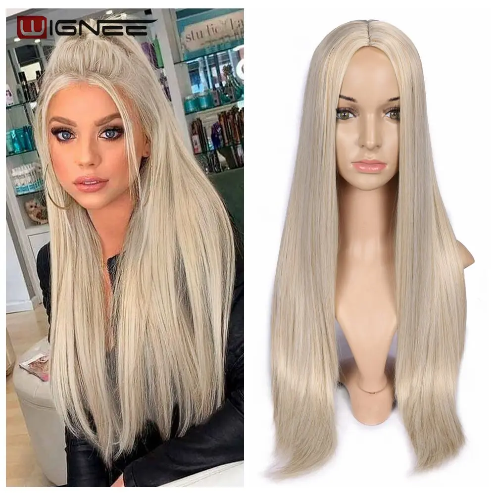 Wignee Long Straight Hair Synthetic Wig For Women  Blonde Natural Middle Part Hair Heat Resistant FiberNatural Daily Hair Wig