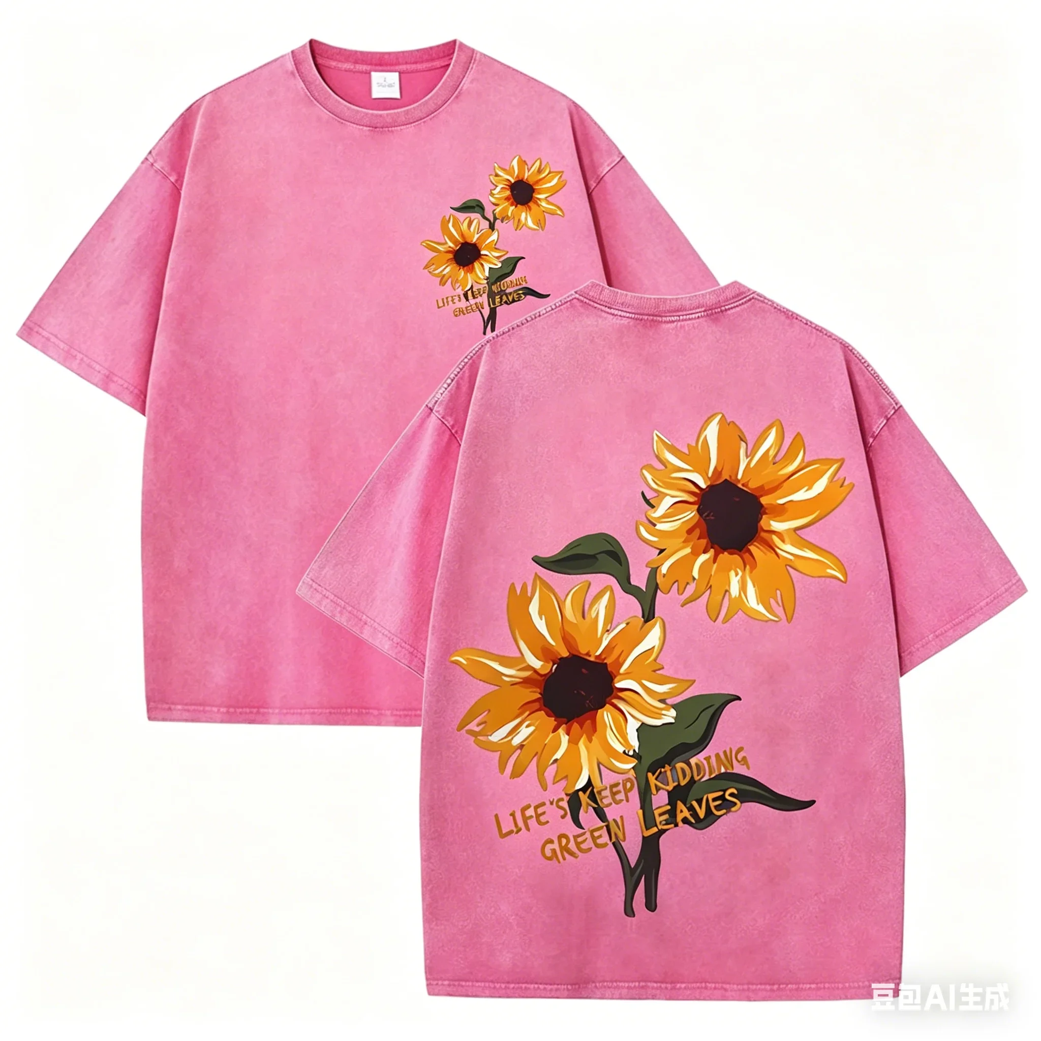 Retro Sonnenblumen-Grafik T-Shirt Grün Acid Wash Lässige Streetwear Unisex Tee – Detail 9
