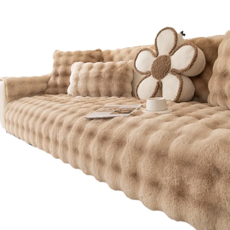 French High-grade Rabbit Plush Sofa Cushion Winter 2023 New Style Thickened Living Room Sofa Cushion Non-slip Sofa Cover Cloth
